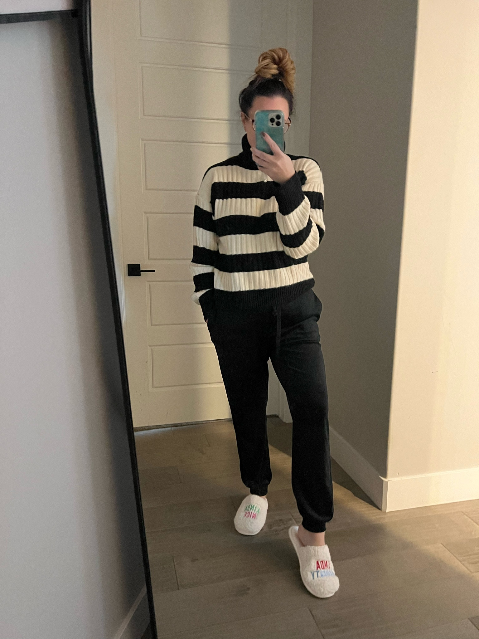 Cozy comfy outfit. Stripped rib knit sweater from HM. Velour pants from Amazon. Slippers from Target  

#LTKfindsunder50 #LTKmidsize #LTKover40