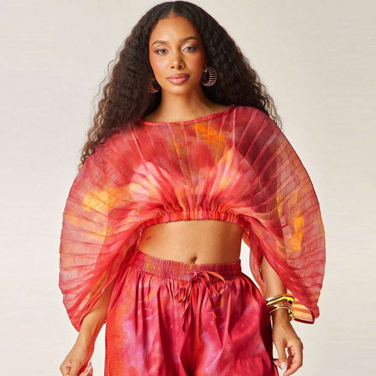 Vixey Abstract Floral Print Sheer Pleated Chiffon Cropped Structured Top | SHEIN