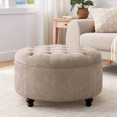 HUIMO 30-Inch Round Storage Ottoman, Modern Button Tufted Coffee Table with Removable Top, Upholstered Ottoman with Storage Footrest Stool for Living Room, Bedroom and Office(Brown) | Amazon (US)