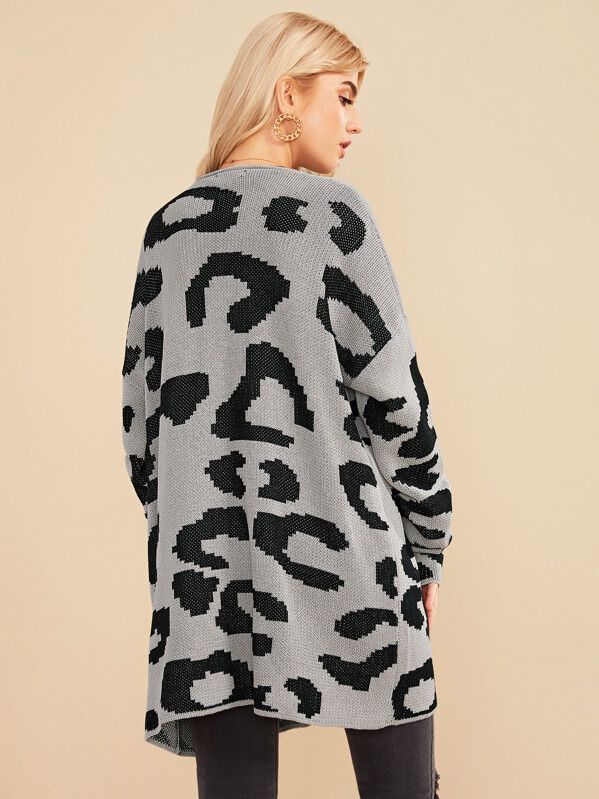 SHEIN Drop Shoulder Open Front Leopard Print Cardigan | SHEIN