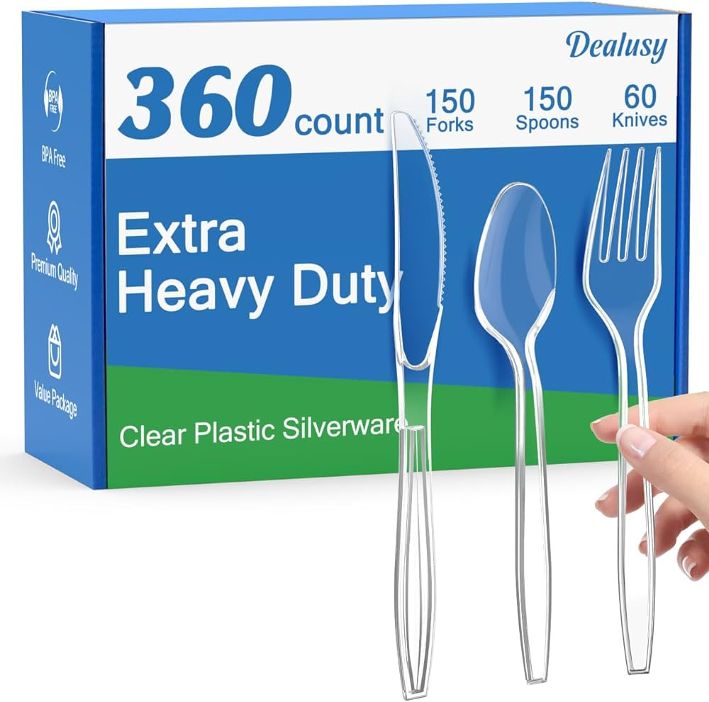 Dealusy 360 Count Extra Heavy Duty Clear Plastic Silverware, 150 Forks, 150 Spoons, 60 Knives, BP... | Amazon (US)