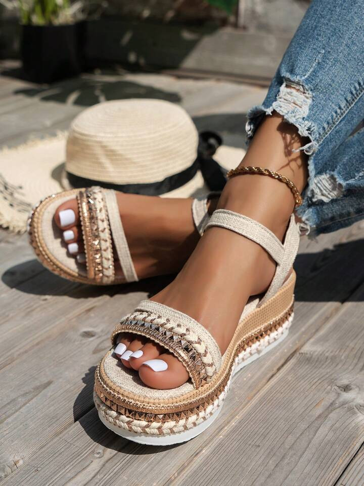 Khaki Wedge Sandals With Woven Straps For Women, Featuring Rivets, Rope Sole, Ankle Strap, Chic V... | SHEIN