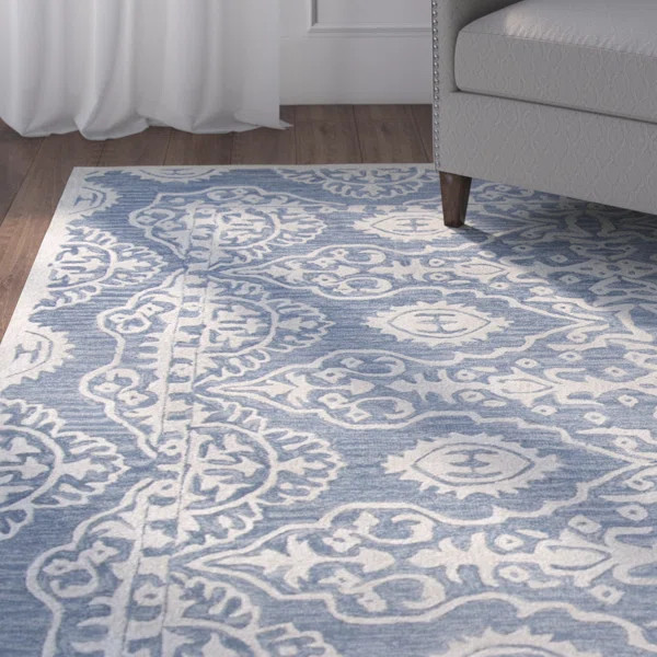 Rudra Oriental Handmade Tufted Wool Blue/Ivory Area Rug | Wayfair North America