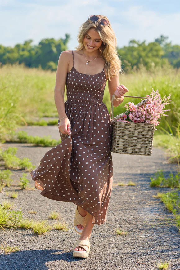Warm Embrace Brown Polka Dot Smocked Midi Dress | Pink Lily