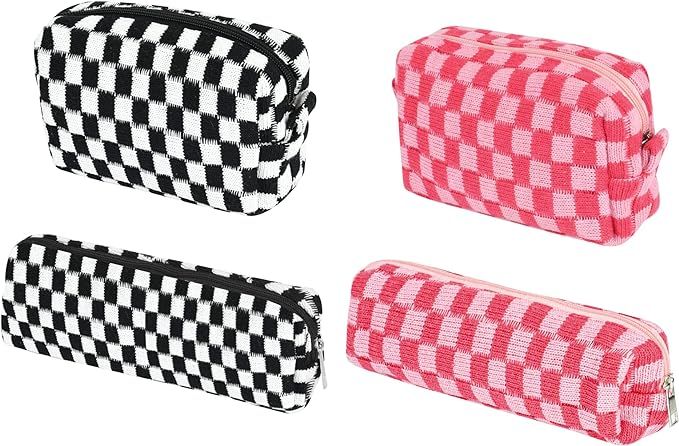 4 Pieces Makeup Bag Checkered Cosmetic Bag Pink Toiletry Bags Black Red Pouch for Women with Zipp... | Amazon (US)