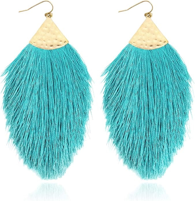 Bohemian Silky Thread Fan Fringe Tassel Statement Earrings - Lightweight Strand Feather Shape Dan... | Amazon (US)