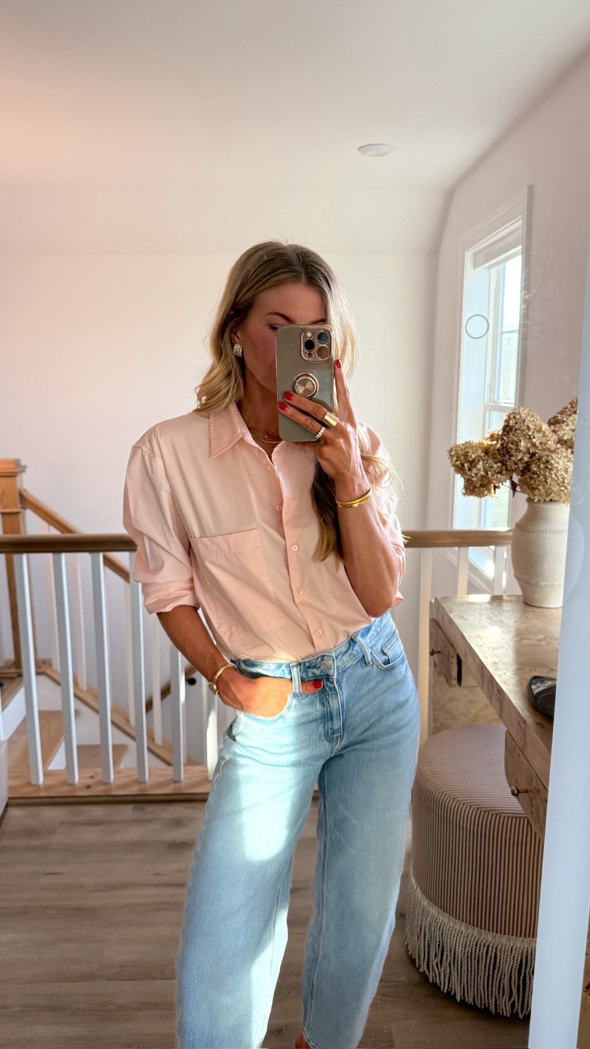 Pink button up + incredible jeans under $50! 

#LTKootd #LTKSeasonal #LTKMothersDay