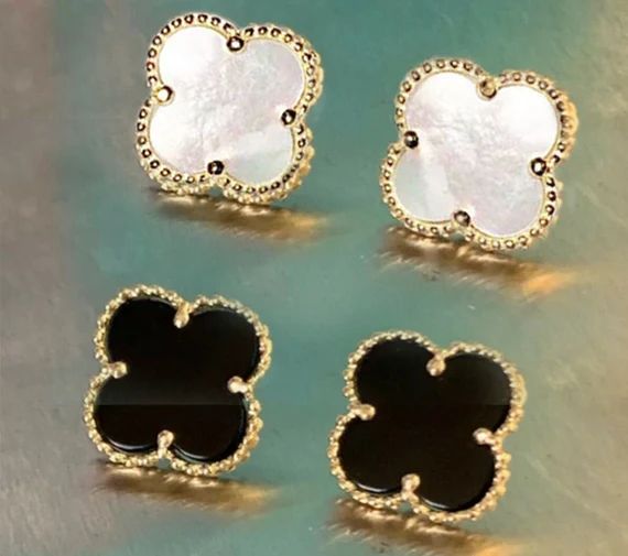 14k Solid Gold Clover Stud Earrings, Quatrefoil Earrings, Black (Onyx) or Mother of Pearl Four le... | Etsy (US)