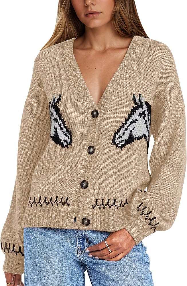 MISSACTIVER Women's Horse Graphic Cardigans V Neck Button Down Knit Sweaters Vintage Long Sleeve ... | Amazon (US)