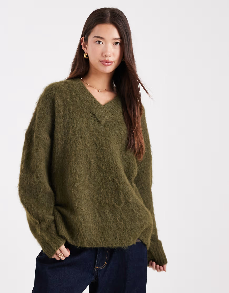 ASOS DESIGN knit brushed v neck oversized sweater in olive-Green | ASOS (Global)