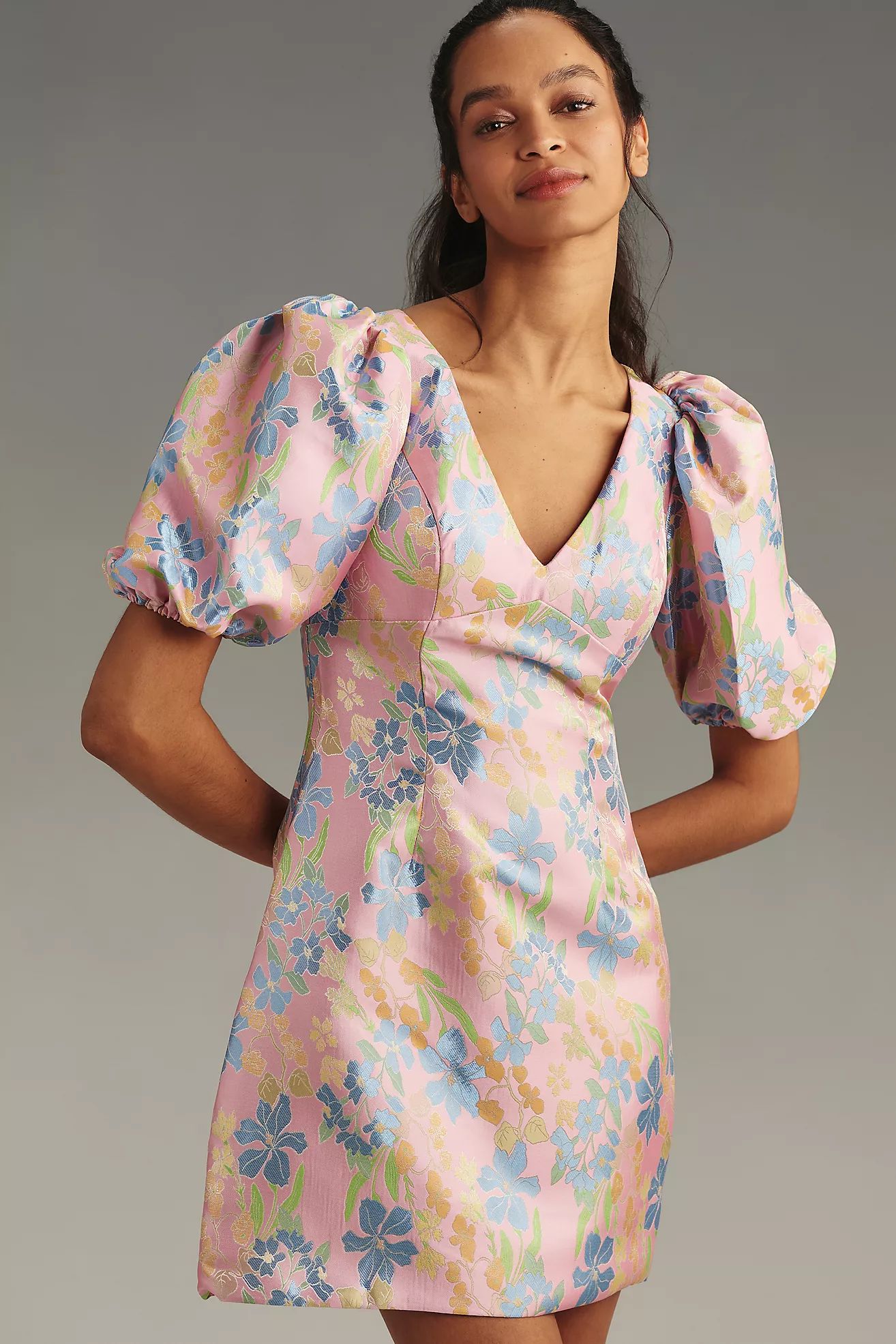 Mac Duggal Puff-Sleeve Shine Mini Dress | Anthropologie (US)