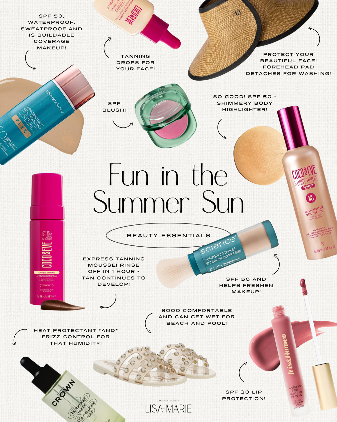 Beauty essentials for fun in the summer sun! Face and body self-tanning mousse, lotion and oil. SPF makeup, foundation, blush and lip gloss. Water-friendly sandals for the pool and beach. Luxury hats and visors for skin protection. Heat protectant and frizz control.

#LTKgrwm #LTKmorningroutine #LTKBeauty