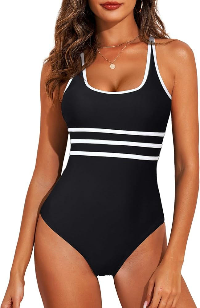 Aleumdr Women's Color Block One Piece Athletic Swimsuit Sports Tummy Control Cheeky High Cut Bath... | Amazon (US)