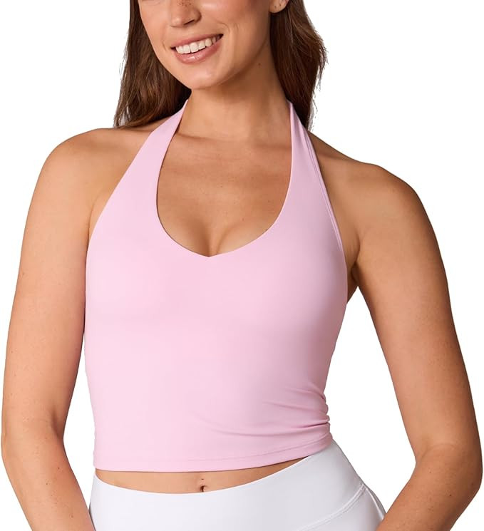 UNISSU Hugcurve Halter Longline Sports Bras for Women V Neck Open Back Crop Tank Tops with Built ... | Amazon (US)