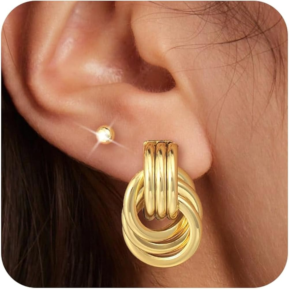 Chunky Statement Hoop Earring set for Women - Dainty 14K Gold Plated/Silver Lightweight Drop Dang... | Amazon (US)