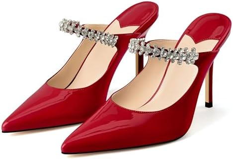 MIRAAZZURRA Women Heeled Mules Rhinestone Strappy Pointed Toe Mules Stiletto High Heels Slip On B... | Amazon (US)