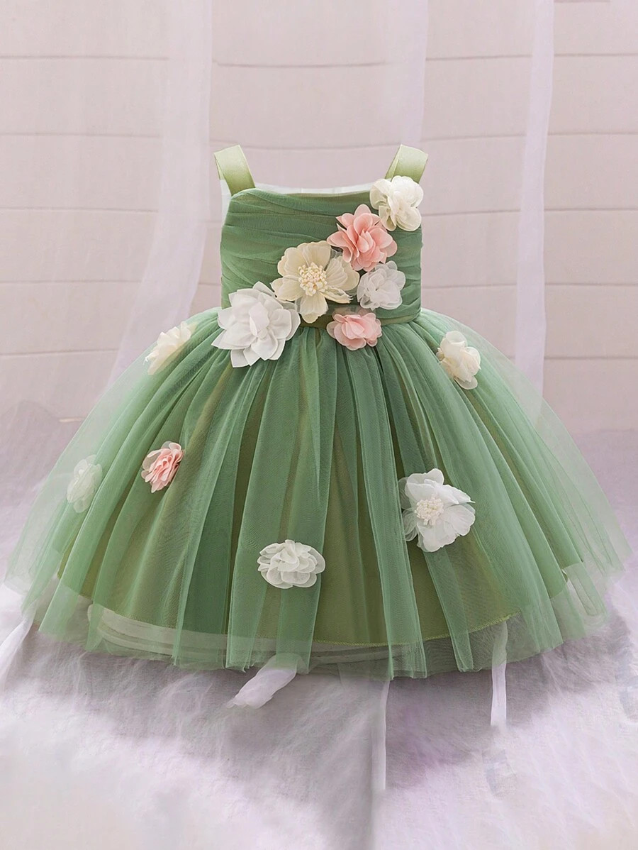 Baby Girl Wide Strap 3D Floral Mesh Princess Dress For Wedding, Party, Birthday, Suitable For For... | SHEIN