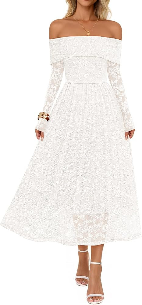 MEROKEETY Women's 2025 Fall Long Sleeve Floral Midi Dress Off Shoulder Wedding Guest Formal Long ... | Amazon (US)