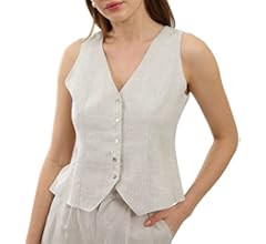 Amazhiyu Womens Pure Linen Waistcoat, Sleeveless Button Down V Neck Crop Top Summer Vest Coat, Wa... | Amazon (UK)
