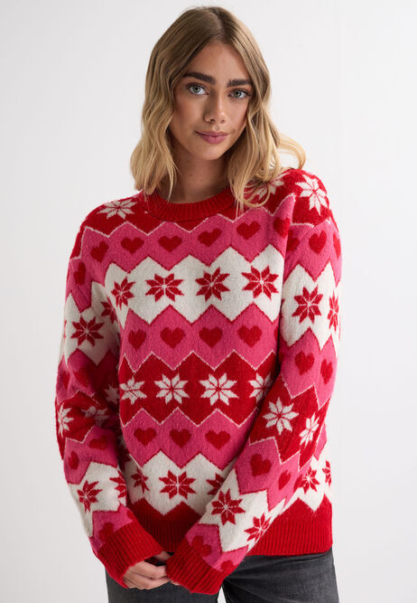 Womens Pink Heart Fairisle Christmas Jumper | Peacocks