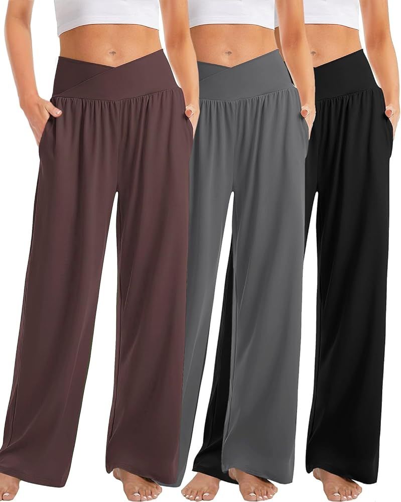 3 Pack Womens Wide Leg Yoga Pants Crossover High Waisted Casual Loose Lounge Sweatpants with Pock... | Amazon (US)