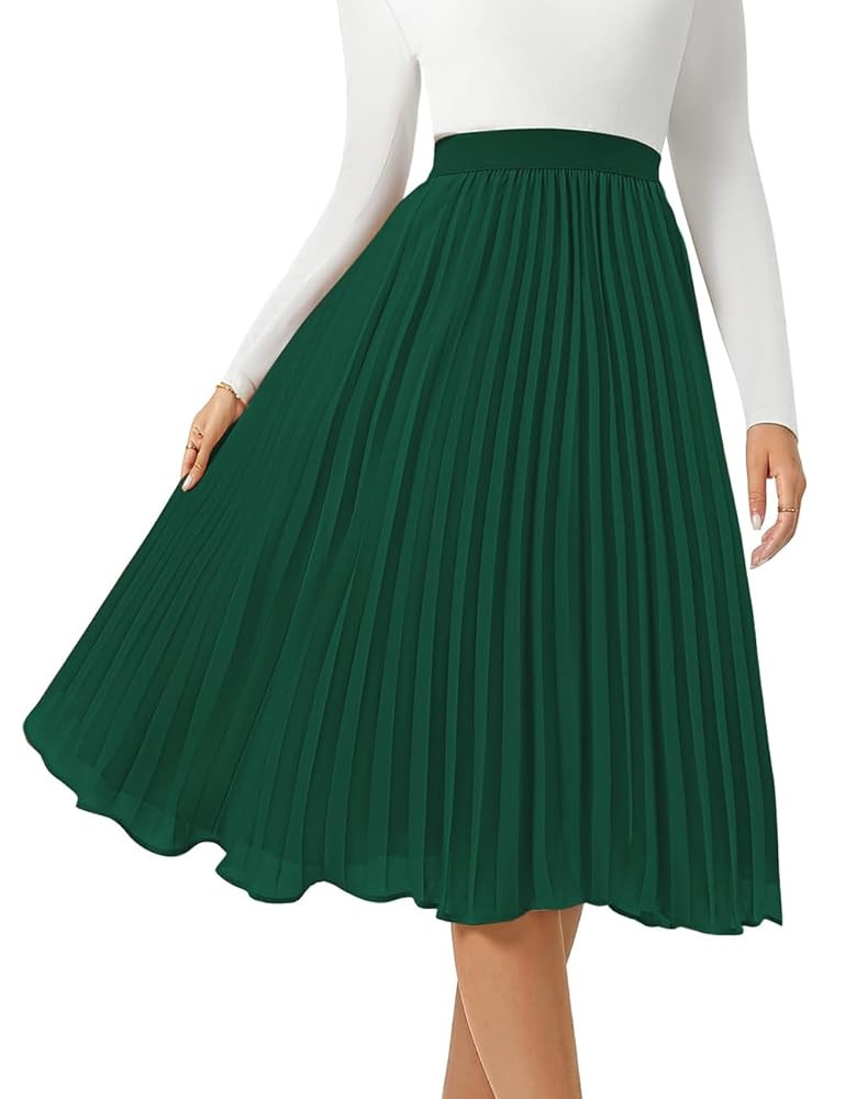 Women's Midi Skirt Elastic High Waist Pleated Skirt Knee Length Swing A-Line Casual Flowy Skirts ... | Amazon (US)