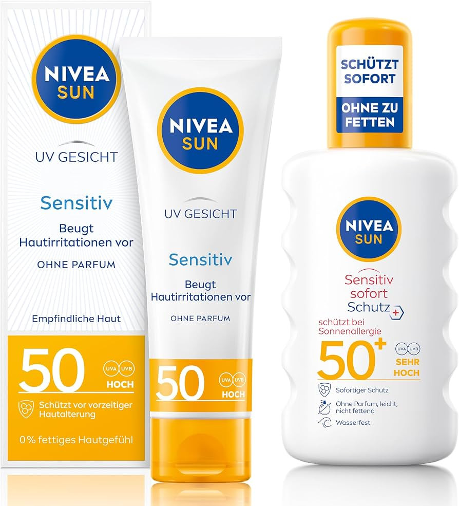 NIVEA SUN Sensitiv Set mit Sonnenschutz f\u00fcr das Gesicht & Spray mit LSF 50, parf\u00fcmfreie... | Amazon (DE)