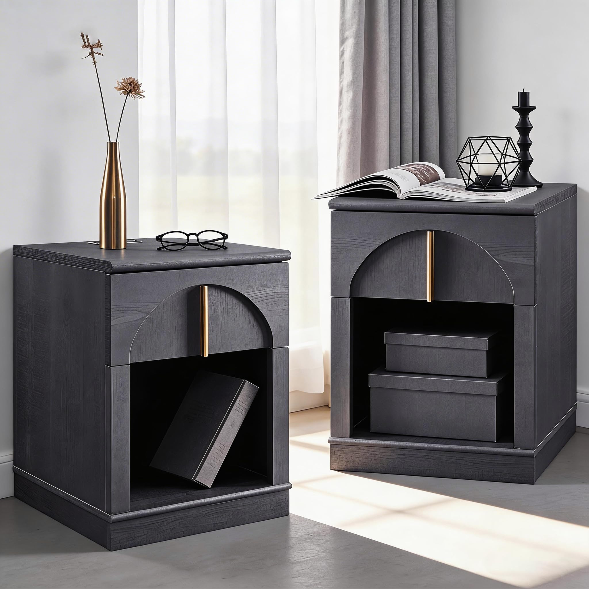 ACCOHOHO Modern Night Stand Set 2 with Arched Panel,18" Wooden nightstand with Charging Station,B... | Amazon (US)