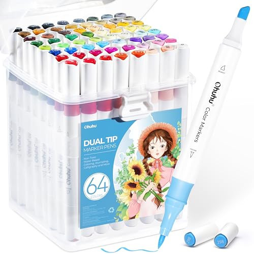 Ohuhu Markers for Adult Coloring Books No bleeding 64 Colors Water-based Coloring Markers Dual Tips Chisel & Brush Drawing Pens Art Markers for Kids Adults Beginners Lettering Journaling | Amazon (US)