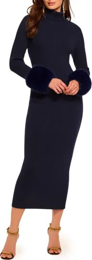 Linda Faux Fur Trim Long Sleeve Open Back Wool & Cotton Blend Rib Dress | Nordstrom
