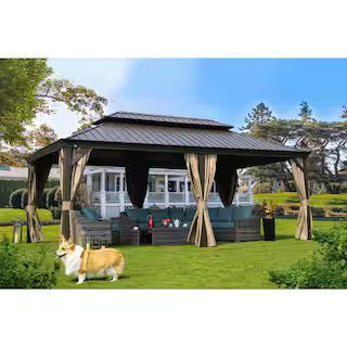 Alexander 12 ft. D x 10 ft. H x 20 ft. W Hardtop Double-Roof Aluminum Gazebo with Privacy Curtain... | The Home Depot