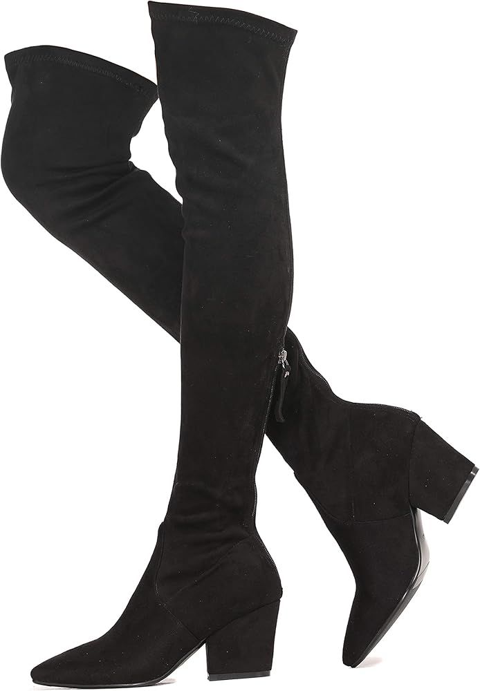 Shoe'N Tale Women's Chunky Heel Back Zipper Sexy Pointed Toe Over The Knee Thigh High Boots | Amazon (US)