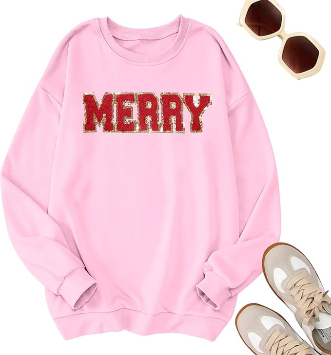 Christmas Sweatshirt for Women: Merry Sweatshirt Glitter Pach Merry Shirt Xmas Overzise Pullover ... | Amazon (US)