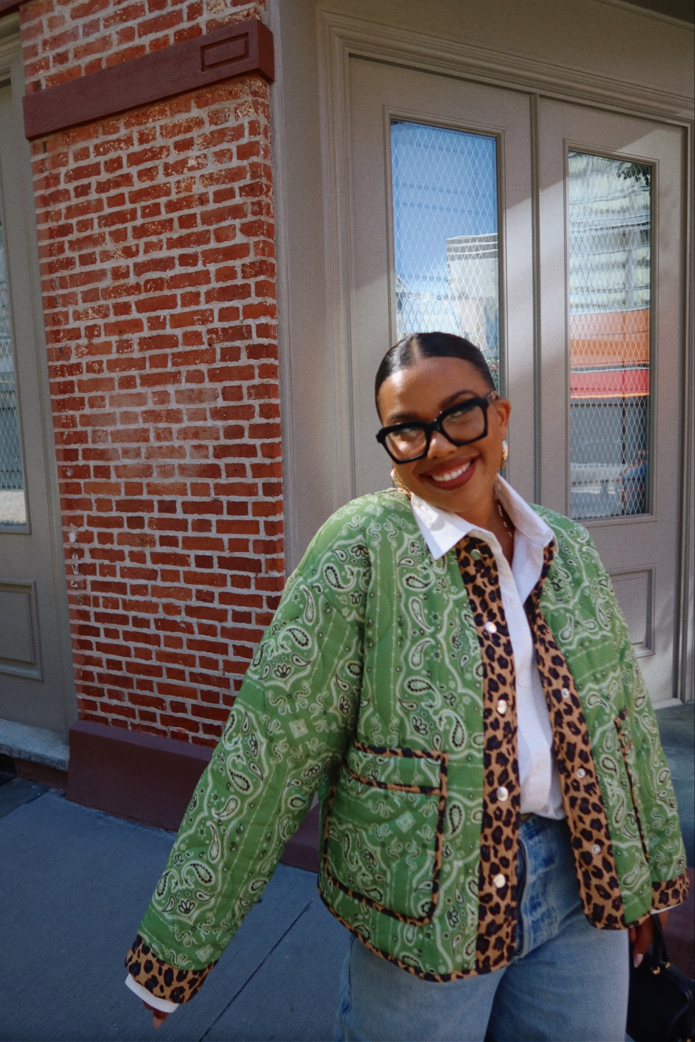 Leopard reversible jacket, wide leg jeans, leopard sling backs 

#LTKbeauty #LTKsalealert #LTKmidsize