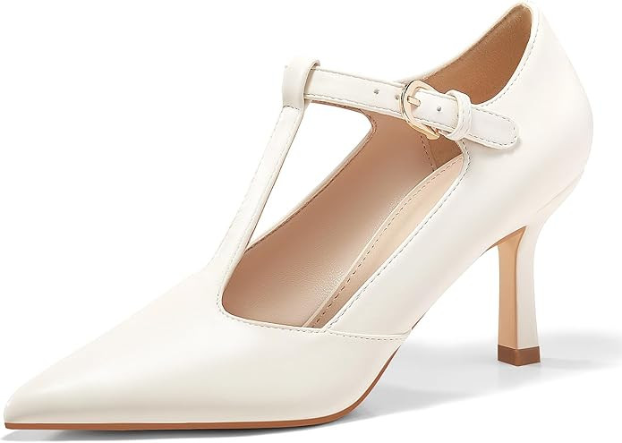 Coutgo Womens T Strap Mary Jane Pumps High Heels Closed Pointed Toe Vintage Wedding Office Dress ... | Amazon (US)