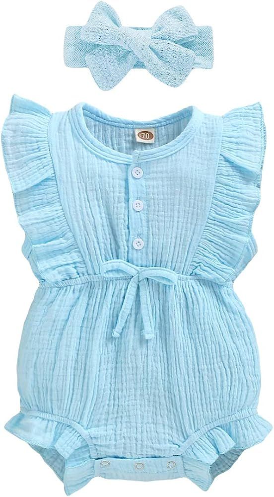 YOUNGER TREE Toddler Baby Girl Ruffled Sleeveless Romper Casual Summer Jumpsuit Cotton Linen Clothes | Amazon (US)