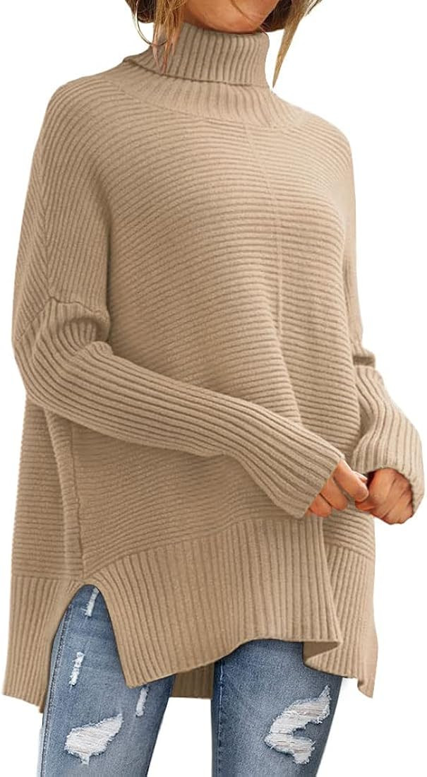 LILLUSORY Women's Oversized Turtleneck Sweaters 2023 Fall Batwing Sleeve Ribbed Tunic Sweater | Amazon (US)