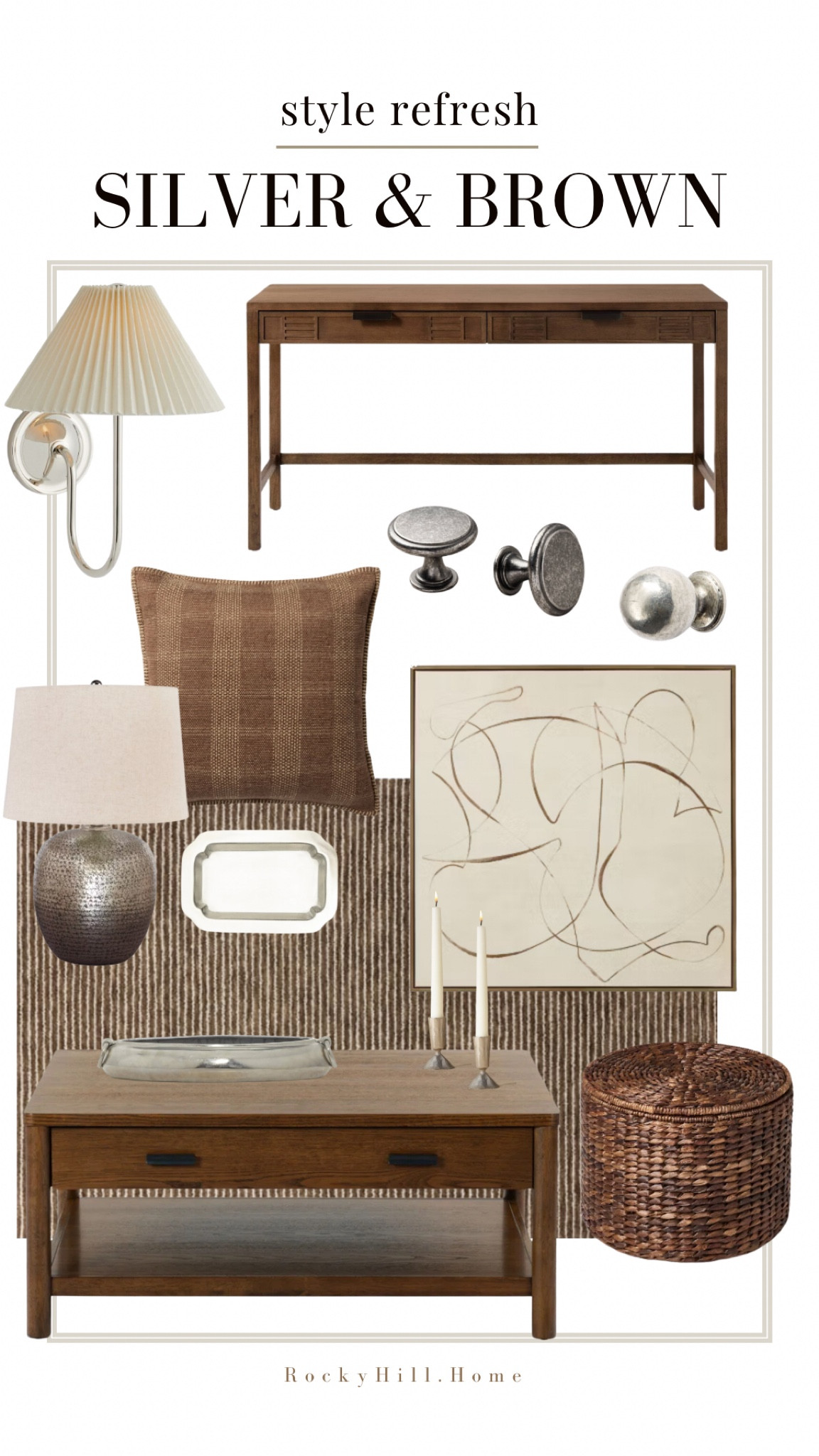 Style Refresh: Silver metals and brown are my favorite contrasting palette right now! 
Antique nickel knobs, silver candle holders, metal table lamp, studio mcgee target large modern art, brown rug, brown plaid pillow, storage ottoman, polished nickel wall sconce, medium wood desk, wooden coffee table, mcgee and co silver tray

#LTKStyleTip #LTKHome #LTKFindsUnder50