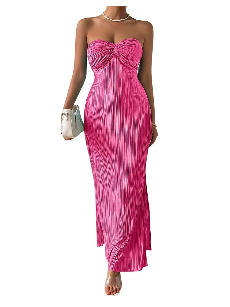 Milumia Women's Twist Front Strapless Bodycon Dress Summer Split Thigh Maxi Tube Dresses Vacation... | Amazon (US)