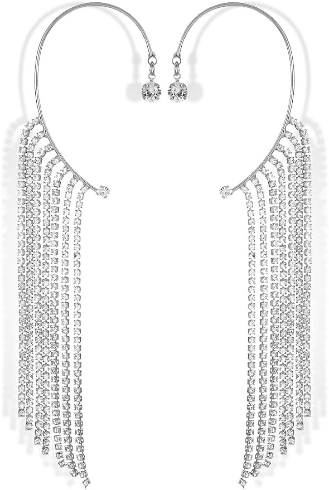 2Pcs Sparkly Rhinestone Long Tassel Ear Cuff Dangle Earring Crystal No Piercing Cartilage Climber... | Amazon (US)
