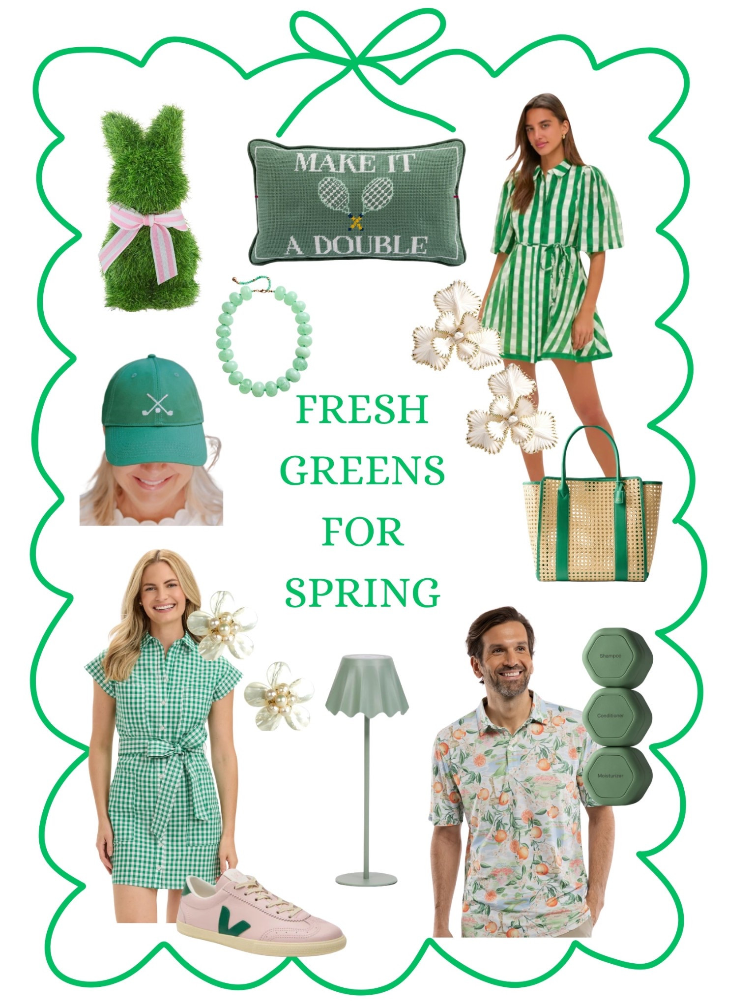 Fresh greens for Spring! 
Green gingham dress
Men’s green polo
Masters attire 
Golf attire
Tennis outfit 
Green necklace 
Green accessories trends

#LTKspring #LTKspringtrends #LTKActive