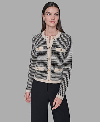 Women's Striped Crewneck Cardigan Sweater | Macy's