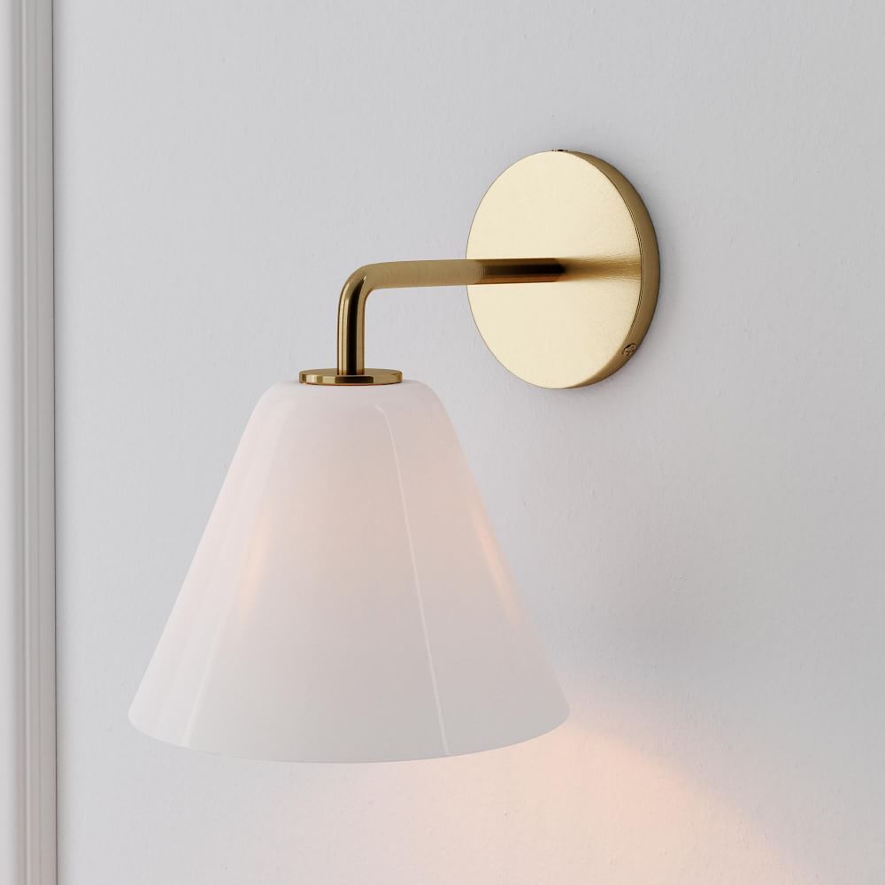 Sculptural Sconce, Cone Mini, Milk, Antique Brass, 8&amp;quot; | West Elm (US)