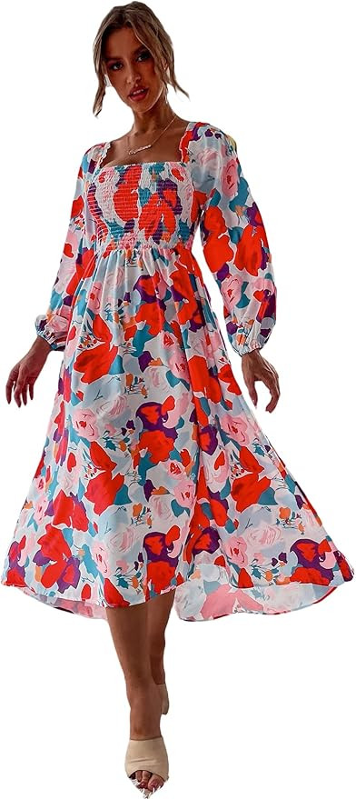 Floerns Women's Summer Floral Print Square Neck Long Sleeve A Line Long Dress | Amazon (US)