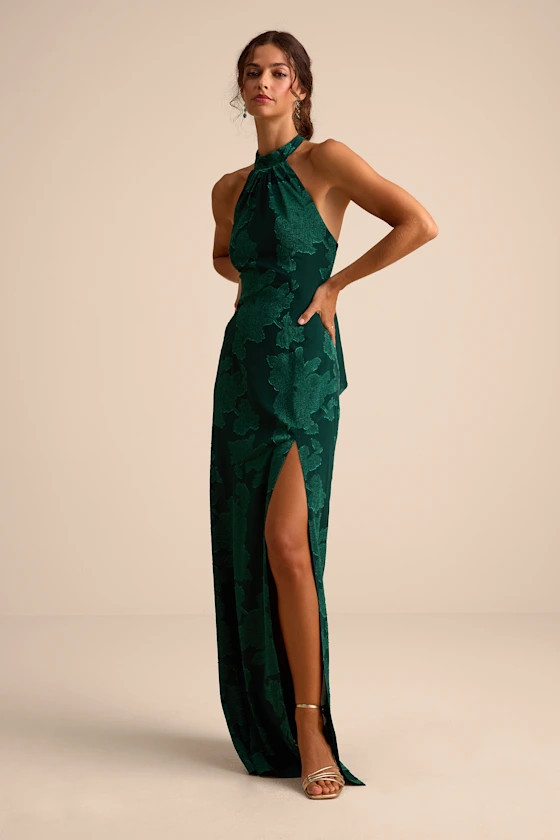 Mikani Dark Green Burnout Halter Maxi Dress | Lulus