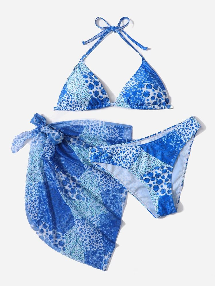 3pack Random Floral Print Halter Triangle Bikini Swimsuit & Beach Skirt | SHEIN