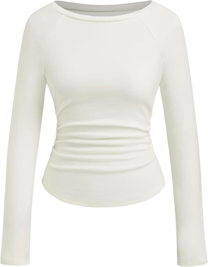 CIDER Long Sleeve Tops for Women Thermal Shirts Boat Neck Ruched Basic Fall Top Slim Fitted Casua... | Amazon (US)