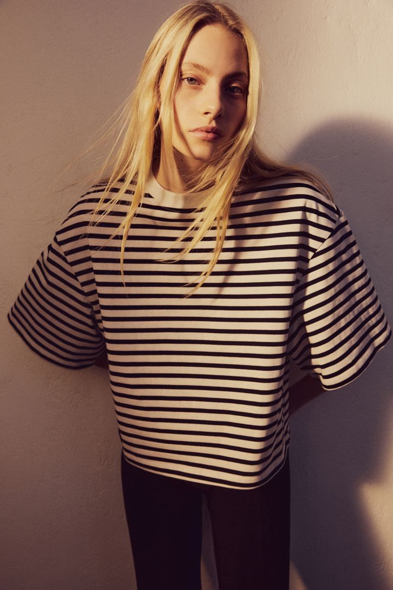 Oversized Cotton T-shirt - White/black striped - Ladies | H&M US | H&M (US + CA)