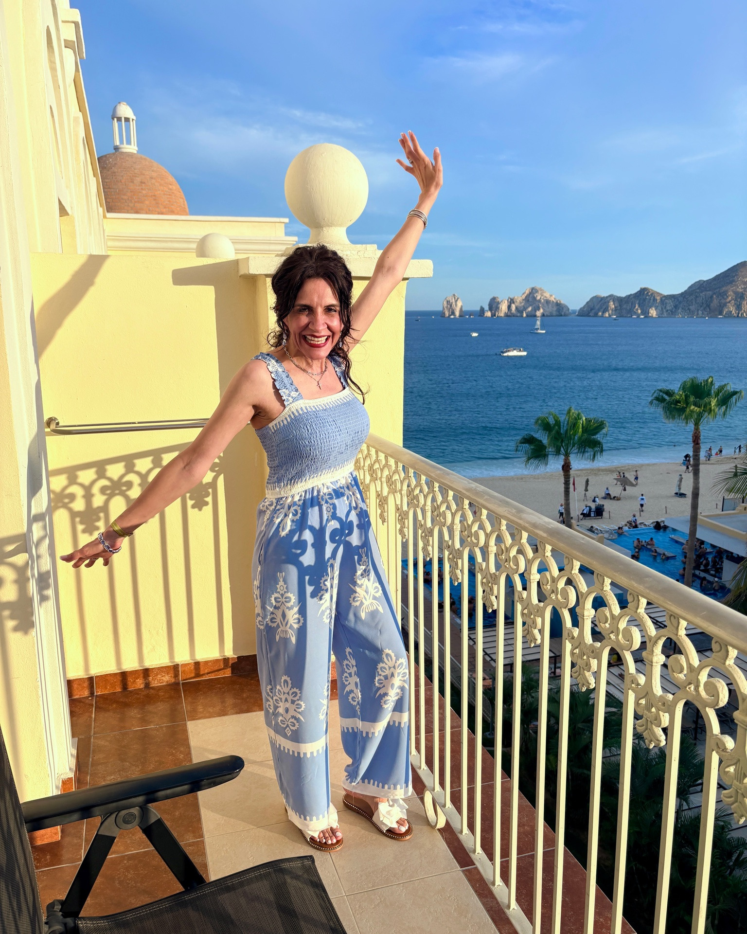 This lightweight jumpsuit was everything I wanted for a warm summer getaway… cool, classy, comfortable, and easy to dress up or down. Whether you’re strolling a beach town, heading to dinner, or exploring on vacation, this is one of those effortless pieces you’ll reach for again and again.

I’ve linked this look (and my favorite accessories) in my LTK! Save it for your next vacation and let me know if you’d wear this gorgeous blue too. ☀️🤍

#LTKStyle #VacationOutfit

#LTKTravel #LTKOver40 #LTKTravel