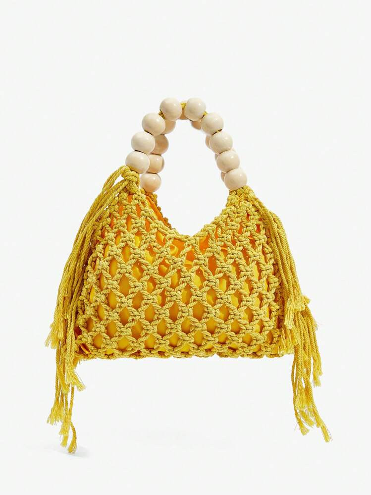 SHEIN SXY Women's Summer Vacation Woven Crochet Wood Bead Tote Handbag, Yellow | SHEIN